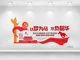 红黄创意中国风以梦为马不负韶华党建文化墙